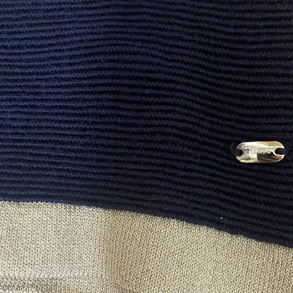 Escada Knit Sweater Womens Size‎ Medium Navy Stripe Short Sleeve Wool Silk